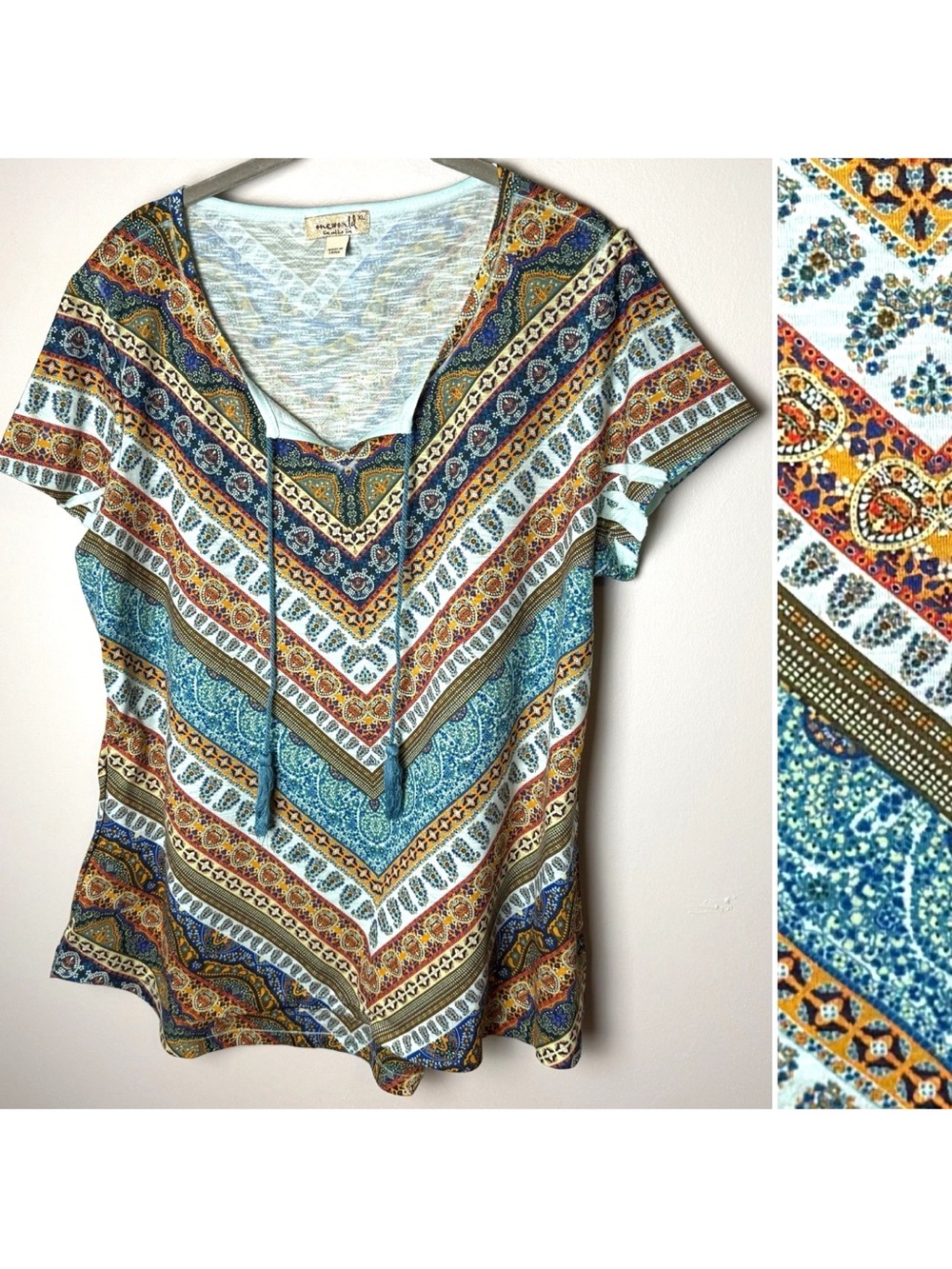 One World Live and Let Live Top Size XL Boho Paisley Chevron Print Short Sleeves